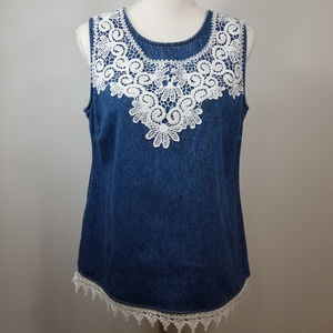 Vintage Studio Ease Denim Tank Sleeveless Top white Lace Detail cottagecore sz 8
